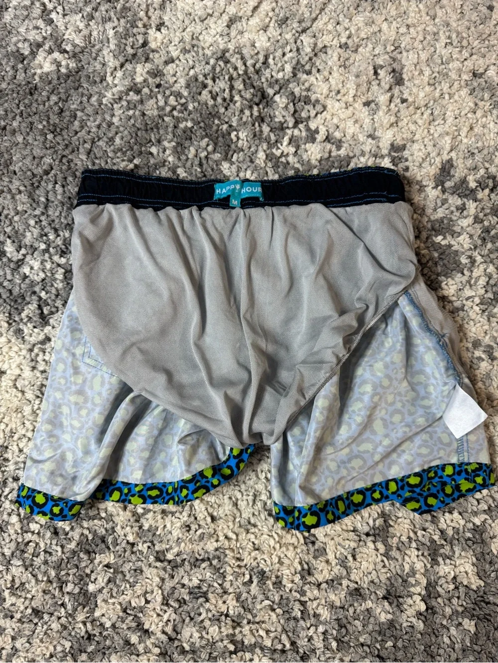 Happy Hour, Men’s Blue & Green Animal Print Leopard Swim Trunks Swimwear, Medium